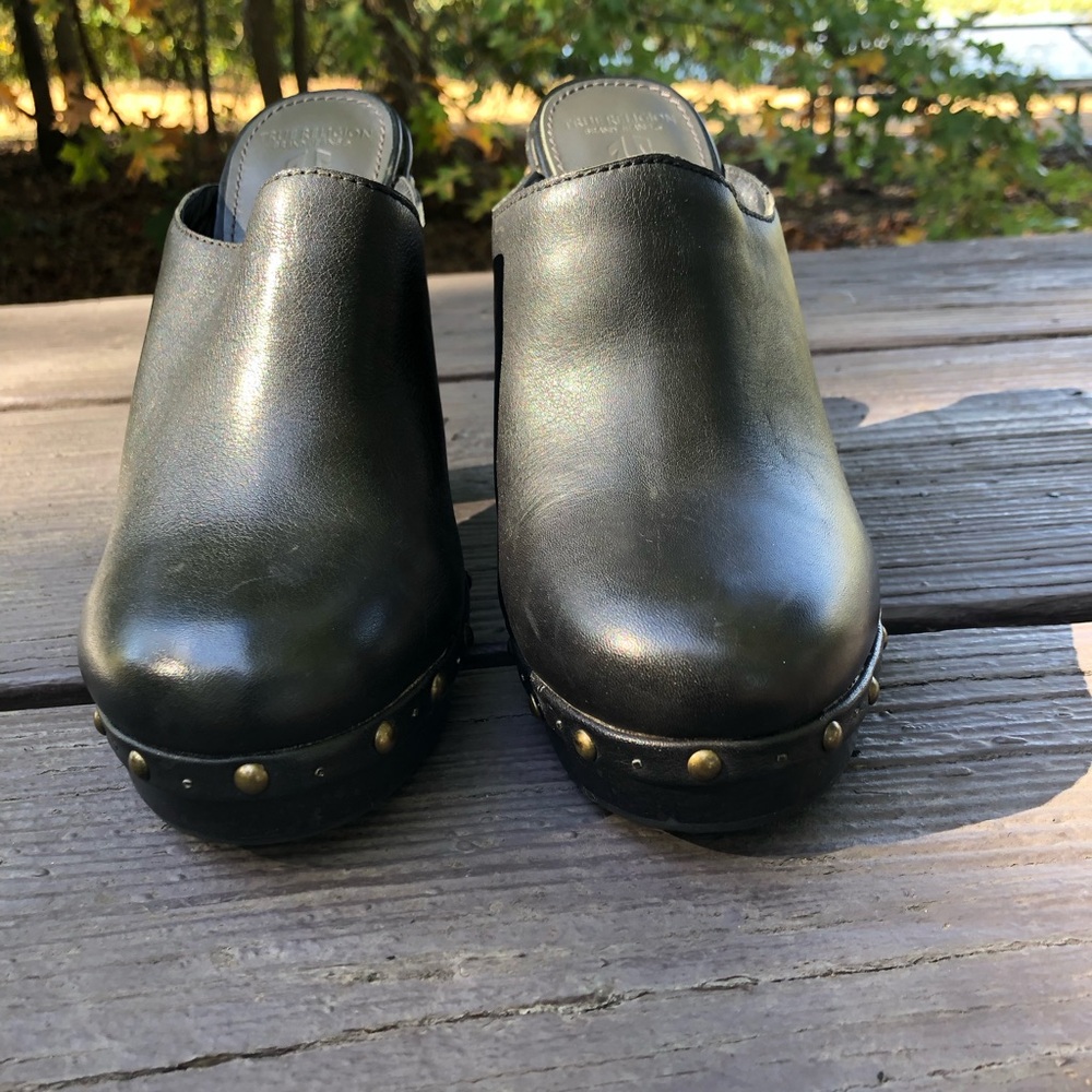 True Religion Black Leather Mules with Gold Accents
